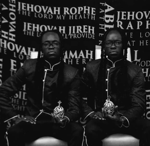 The Mystic Twins, black and white portrait with names of God